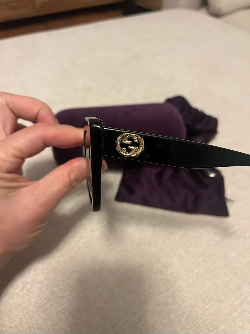 CHANEL Black Cat-Eye Sunglasses with Purple Velvet Pouch